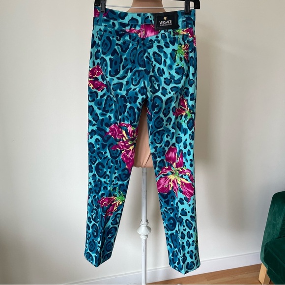 Versace Jeans Couture Vintage 90s Y2K Blue Leopard Print Flower Straight Jean 30 - Picture 2 of 12